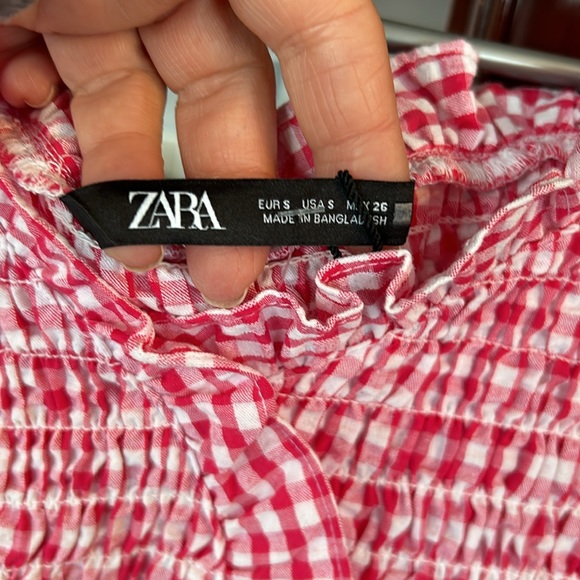 ZARA red/white stretch gingham smocked top size small - Picture 9 of 11